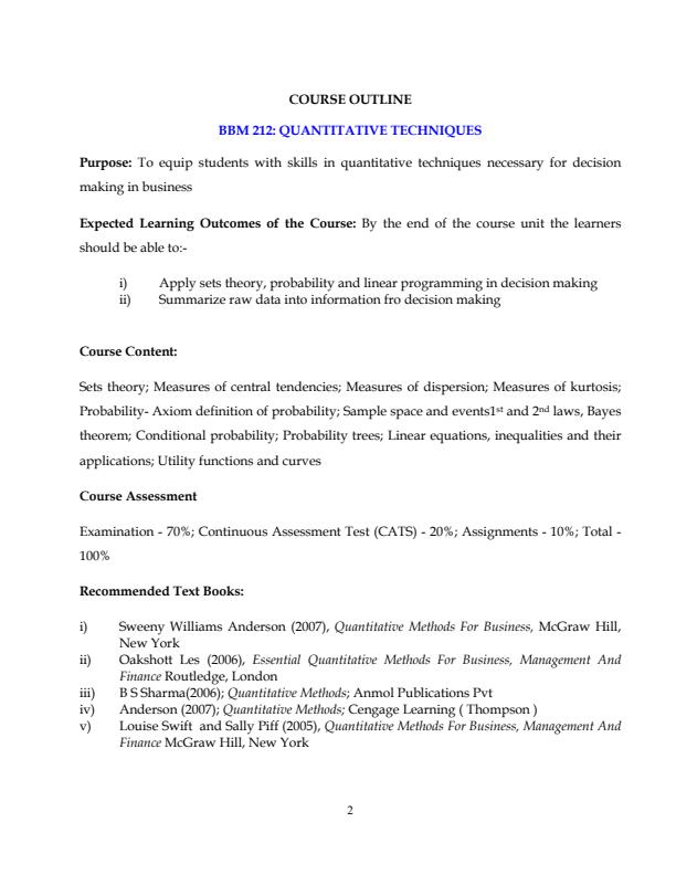 Page 2 – BBM212 Quantitative Techniques Notes – Kenyaplex