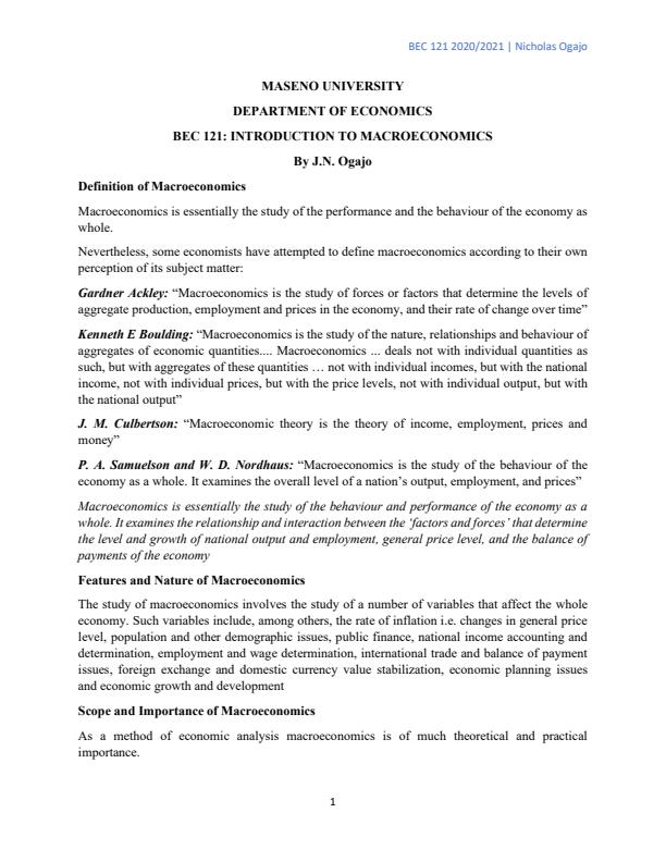 Page 1 – BEC 121: Introduction to Macroeconomics Notes – Kenyaplex