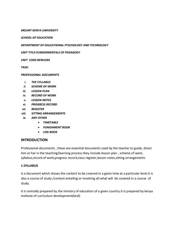 Page 1 – BEM 1202: Fundamentals of Pedagogy Notes – Kenyaplex
