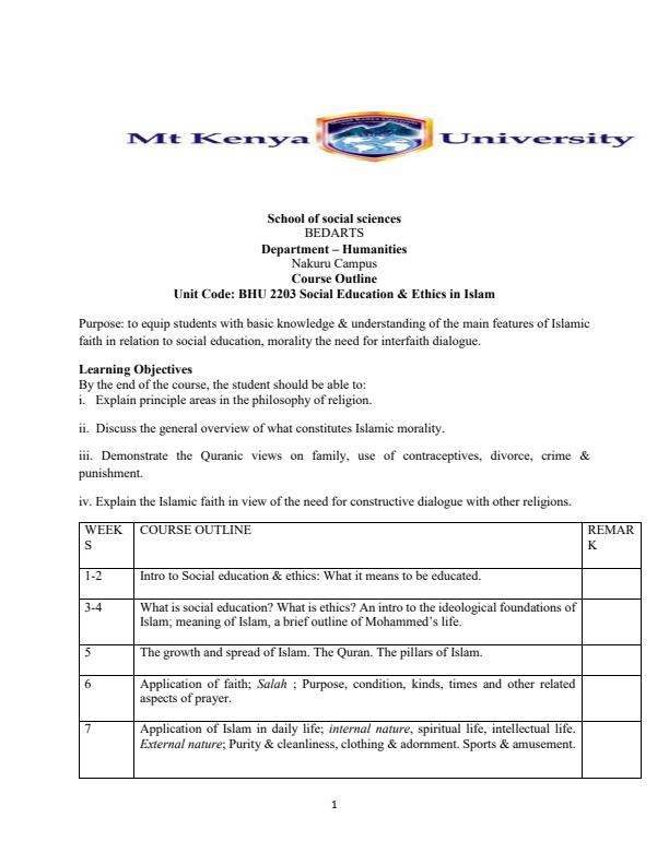 Page 1 – BHU 2203: Social Education and Ethics in Islam Notes – Kenyaplex