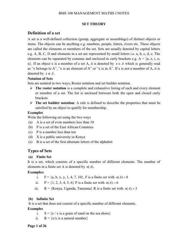 Page 1 – BMS 100: Management Mathematics I Notes – Kenyaplex