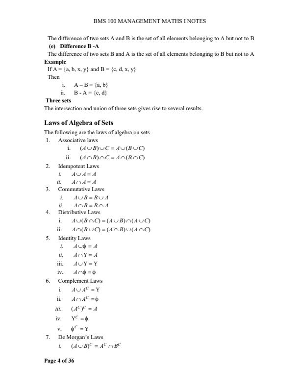 Page 4 – BMS 100: Management Mathematics I Notes – Kenyaplex
