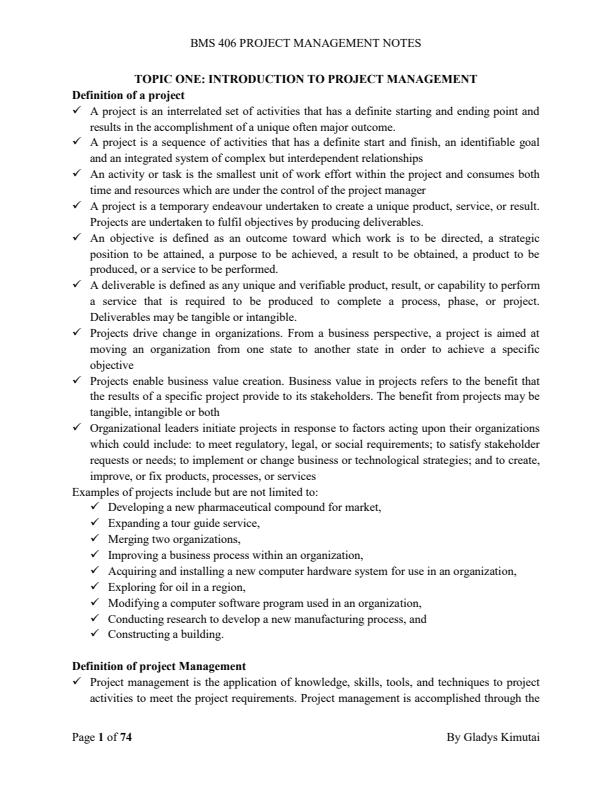 Page 1 – BMS 406 Project Management Notes – Kenyaplex