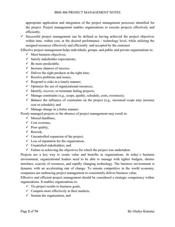 Page 2 – BMS 406 Project Management Notes – Kenyaplex