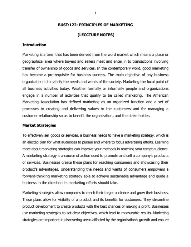 Page 1 – BUST 122: Principles of Marketing Notes – Kenyaplex