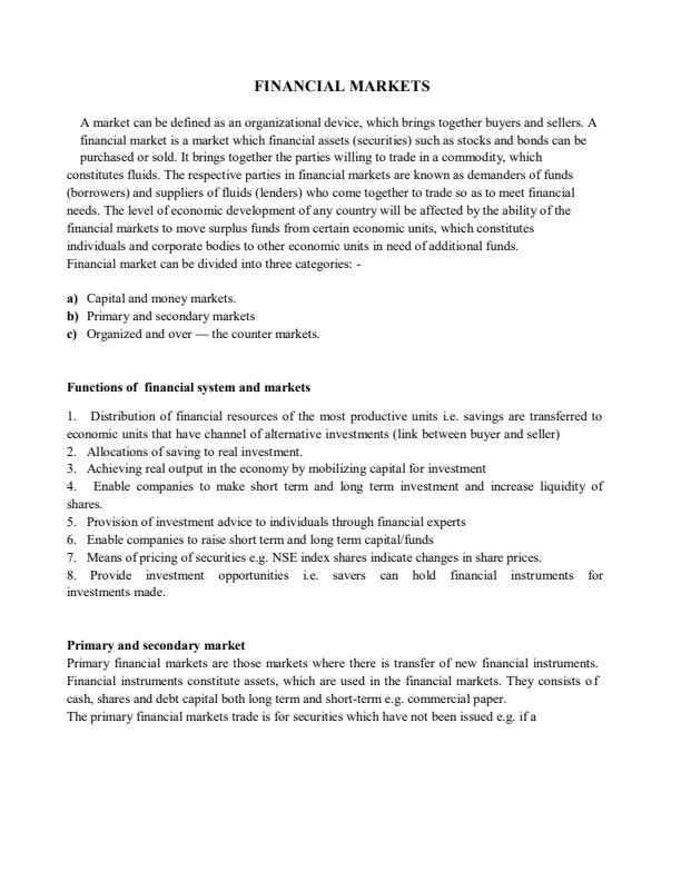 Page 1 – Bachelor of Business Management Short Notes on Financial Markets – Kenyaplex