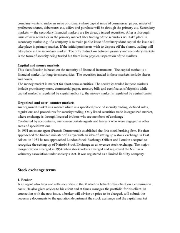 Page 2 – Bachelor of Business Management Short Notes on Financial Markets – Kenyaplex