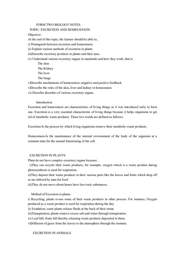 Page 1 – Biology Form Two Notes: Excretion and Homeostasis – Kenyaplex