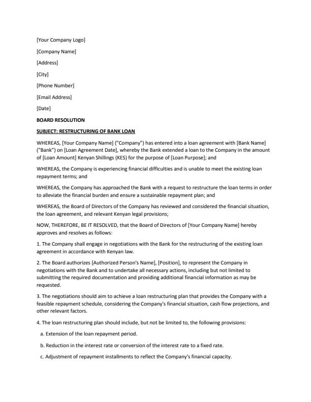 Page 1 – Board Resolution to Restructure Bank Loan in Kenya – Kenyaplex