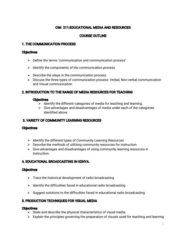 Page 1 – CIT 211: Educational Media and Resources Notes for Bachelor of Education (Arts) and Science – Kenyaplex