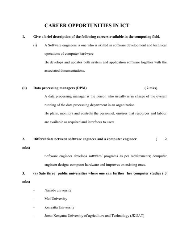 Page 1 – Career Opportunities in ICT Topical Questions and Answers: Form 4 Computer Studies – Kenyaplex