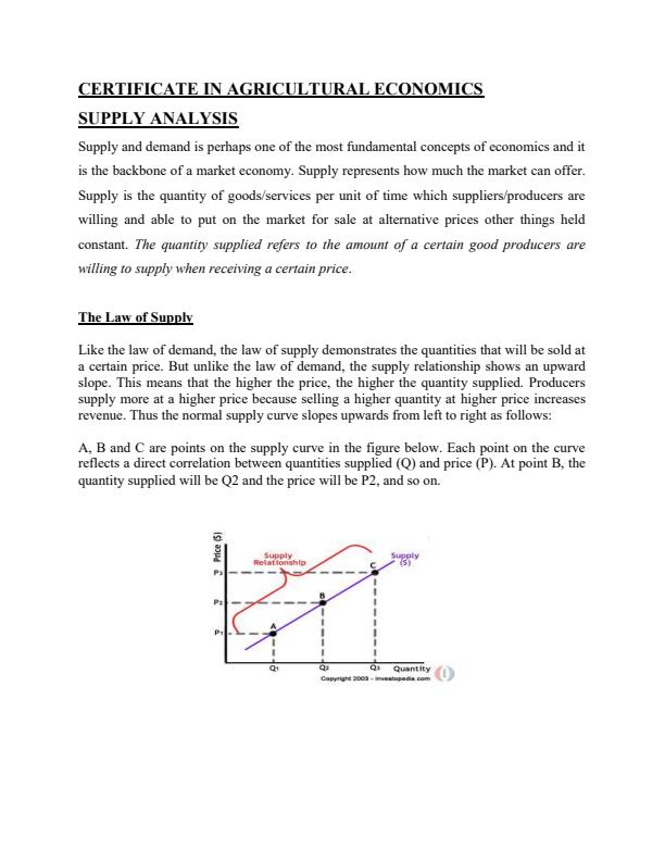 Page 1 – Certificate in Agricultural Economics Notes on Supply Analysis – Kenyaplex