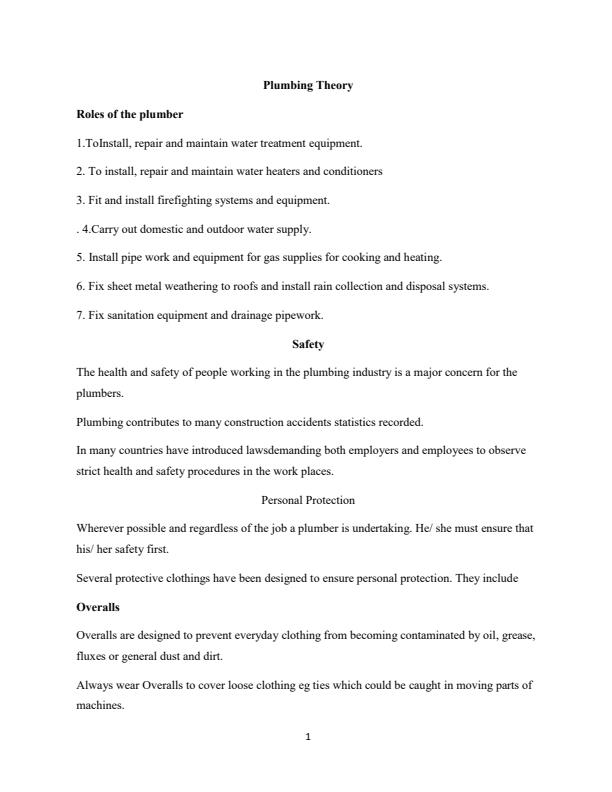Page 1 – Certificate in Plumbing: Plumbing Theory Notes – Kenyaplex