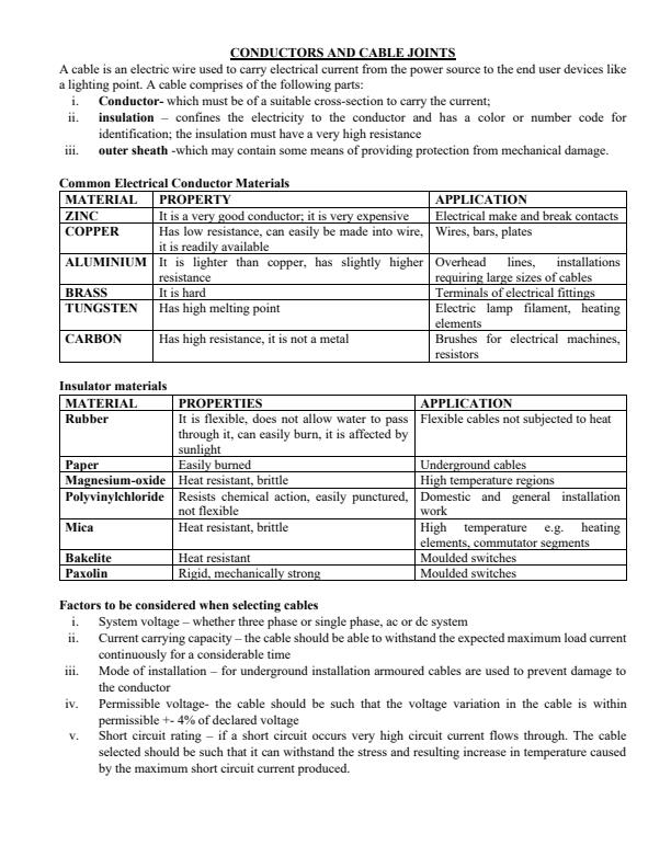 Page 1 – Conductors and Cable Joints Notes: Craft Certificate in Electrical and Electronics Engineering – Kenyaplex