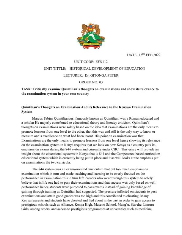 Page 1 – Critically examine Quintilian’s thoughts on examinations and show its relevance to the examination system in your own country – Kenyaplex