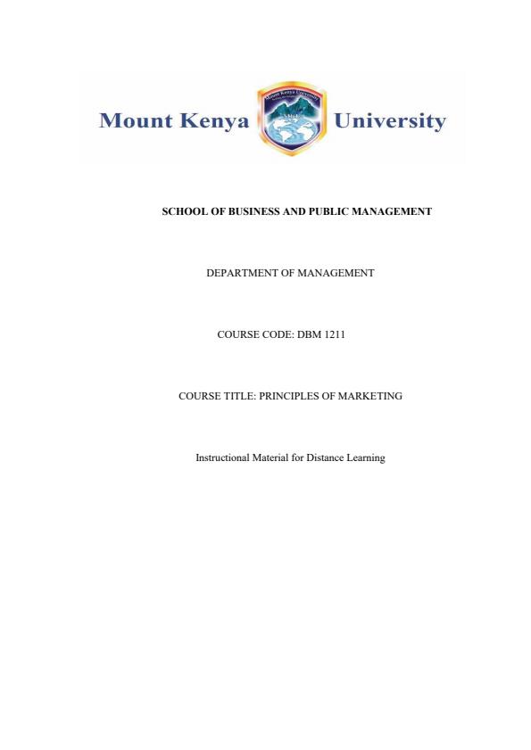 Page 1 – DBM 1211 Principles of Marketing Notes 2nd Year – Kenyaplex