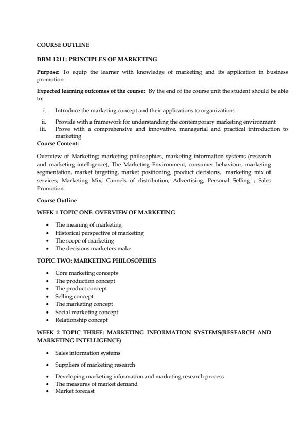 Page 2 – DBM 1211 Principles of Marketing Notes 2nd Year – Kenyaplex