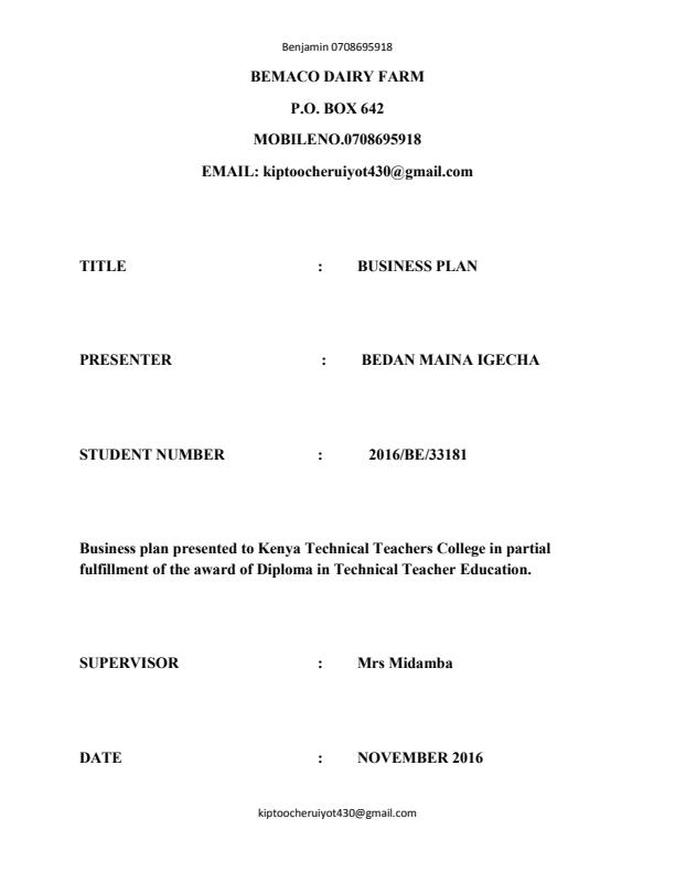 Page 1 – Dairy Farm Sample Business Plan – Kenyaplex
