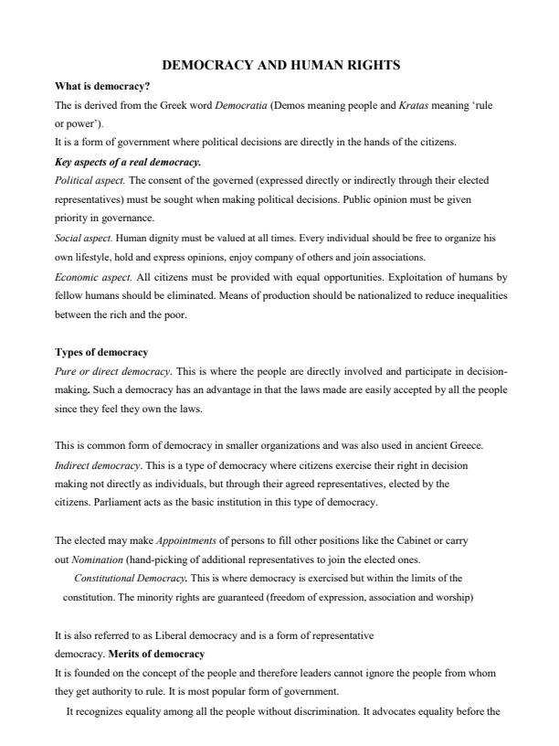 Page 1 – Democracy and Human Rights Notes: Form 2 History and Government – Kenyaplex