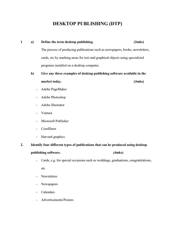 Page 1 – Desktop Publishing Topical Questions and Answers: Form 2 Computer Studies – Kenyaplex
