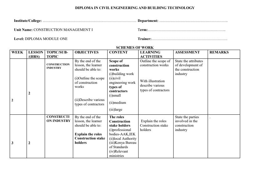 Page 1 – Diploma in Civil Engineering and Building Technology: Construction Management I Schemes of Work – Kenyaplex