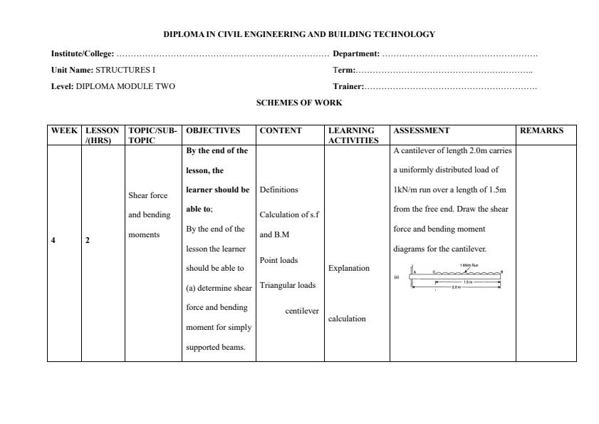 Page 3 – Diploma in Civil Engineering and Building Technology: Structures I Schemes of Work – Kenyaplex