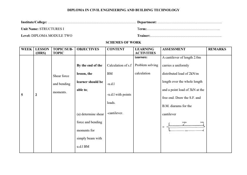 Page 4 – Diploma in Civil Engineering and Building Technology: Structures I Schemes of Work – Kenyaplex