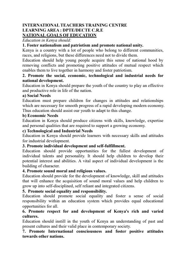 Page 1 – Diploma in Early Childhood Education: CRE Notes – Kenyaplex