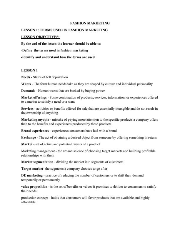 Page 1 – Diploma in Fashion Design and Clothing Technology: Fashion Marketing Notes – Kenyaplex