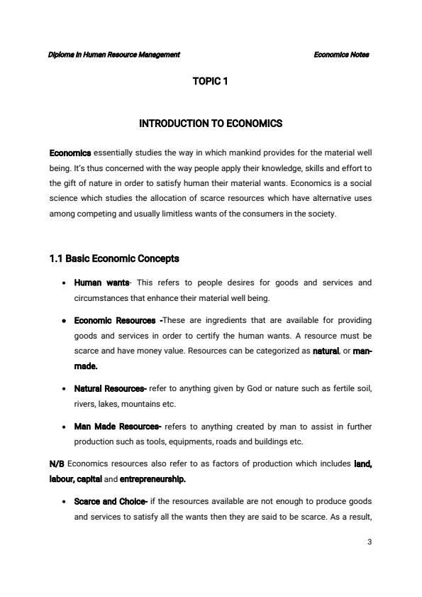 Page 3 – Diploma in Human Resource Management: Economics Notes  – Kenyaplex