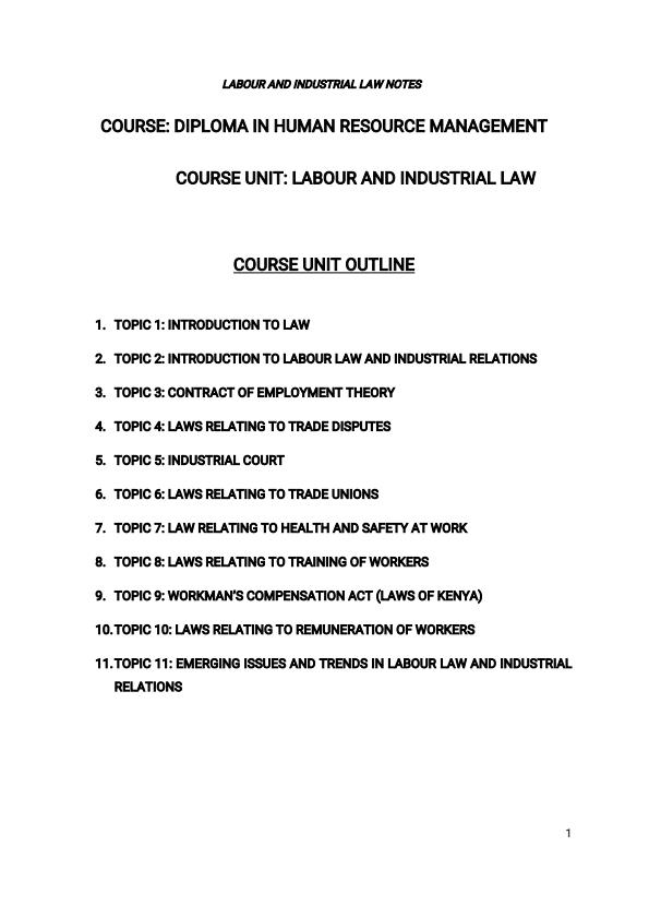 Page 1 – Diploma in Human Resource Management: Labour and Industrial Law Notes – Kenyaplex