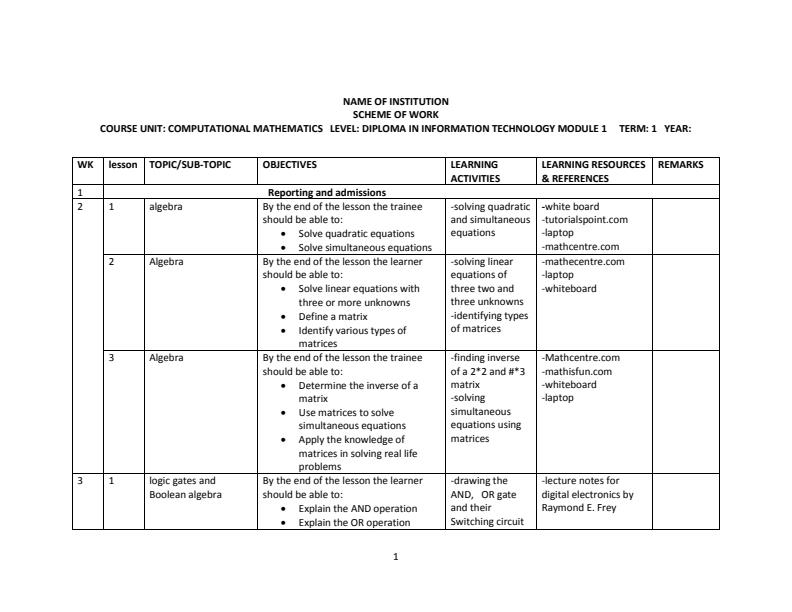 Page 1 – Diploma in ICT: Computational Mathematics Schemes of Work term 1, 2 and 3 – Kenyaplex