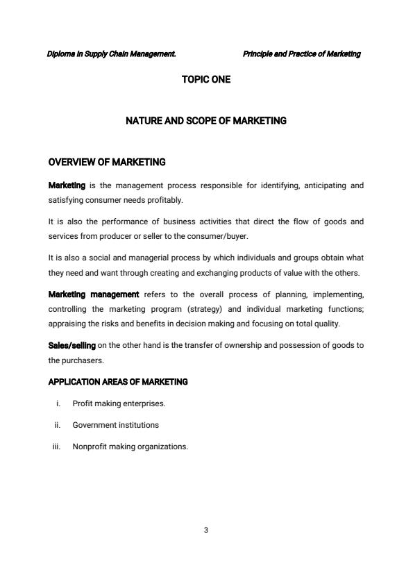 Page 3 – Diploma in Supply Chain Management - Principle and Practice of Marketing Notes – Kenyaplex