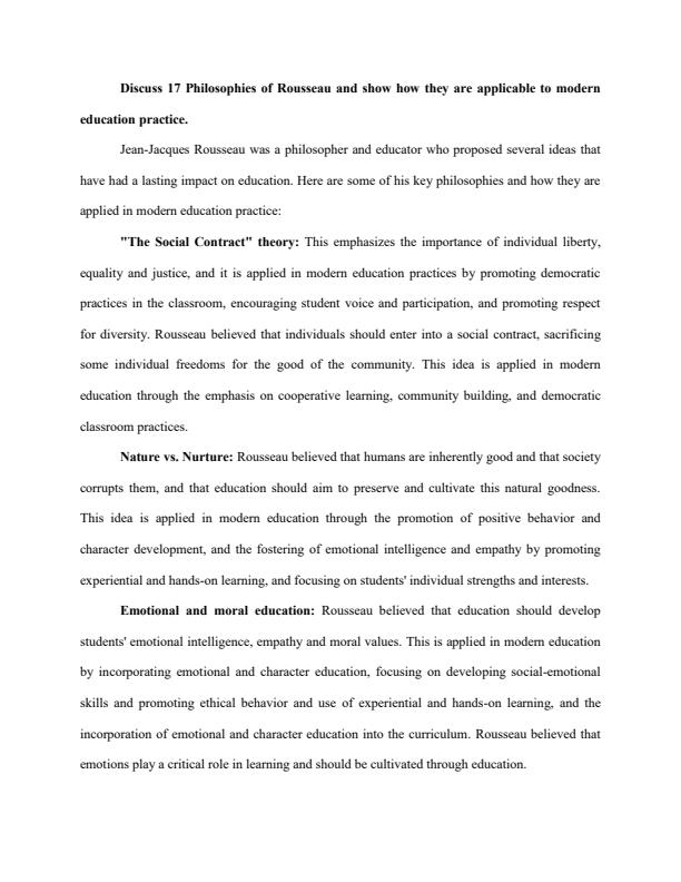 Page 2 – Discuss 17 Philosophies of Rousseau and show how they are applicable to modern education practice – Kenyaplex