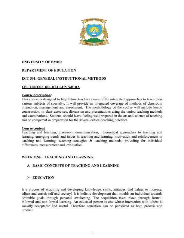 Page 1 – ECT 201: General Instructional Methods Notes – Kenyaplex