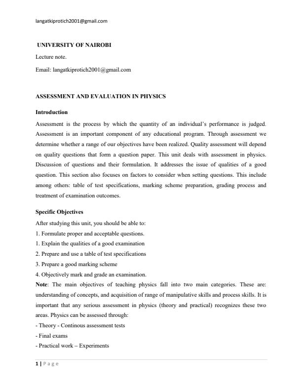 Page 1 – ECT 306: Teaching Methods in Physics Notes on Assessment and Evaluation in Physics – Kenyaplex