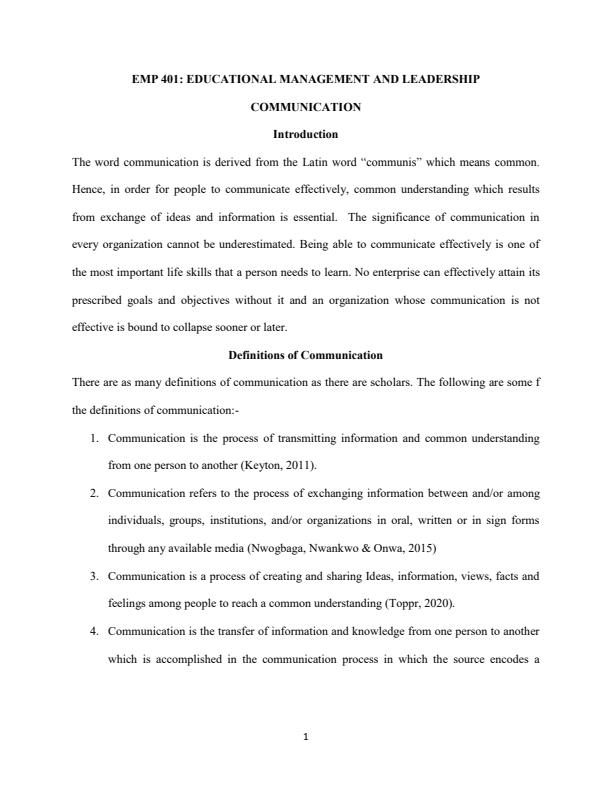 Page 1 – EMP 401: Educational Management and Leadership Communication Notes – Kenyaplex