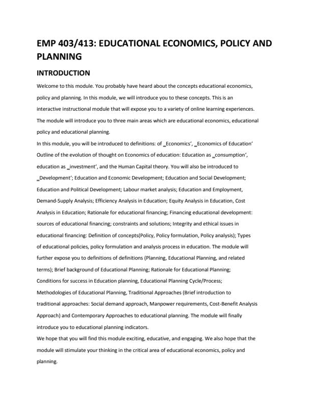 Page 1 – EMP 403/413: Educational Economics, Policy and Planning Notes – Kenyaplex