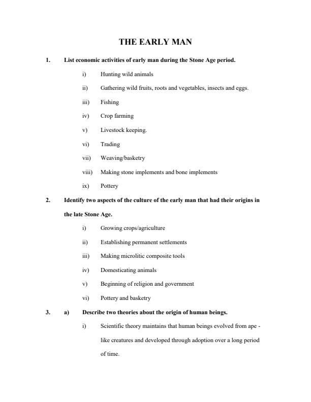 Page 1 – Early Man Topical Questions and Answers: Form 1 History and Government – Kenyaplex