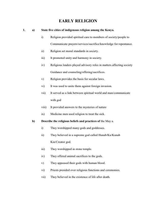 Page 1 – Early Religion Topical Questions and Answers: Form 2 History and Government – Kenyaplex