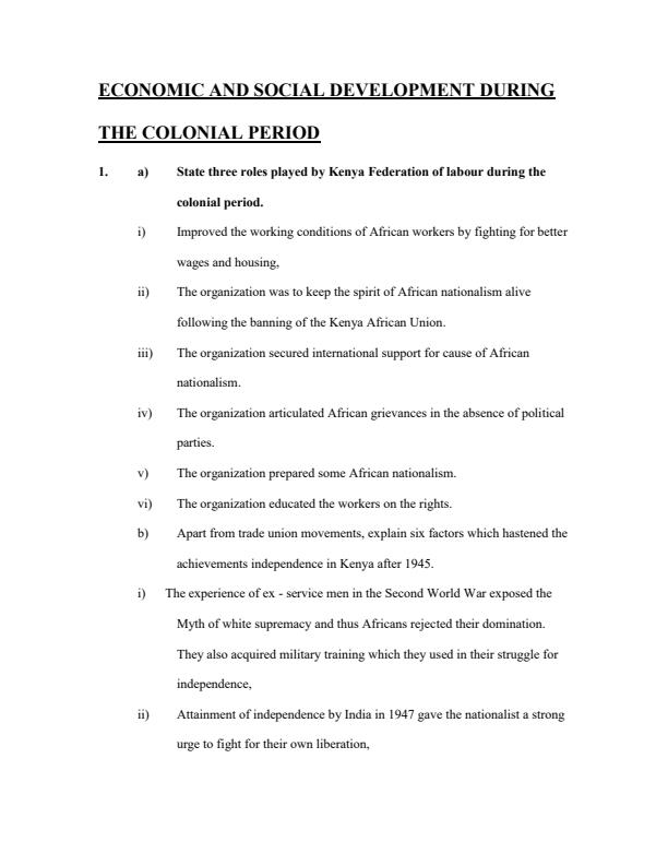 Page 1 – Economic and Social Development During the Colonial Period Topical Questions and Answers – Kenyaplex