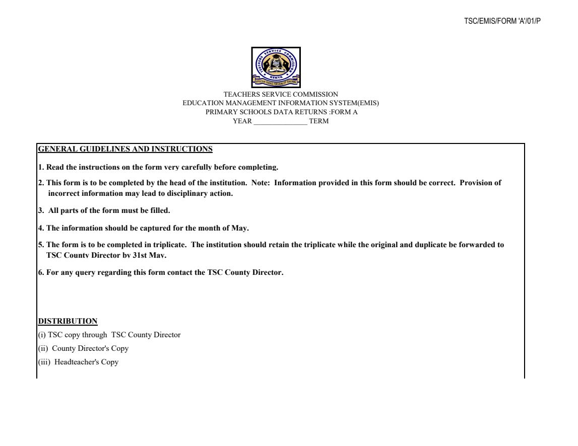 Page 1 – Education Management Information System (EMIS) Primary Schools Data Returns Form A – Kenyaplex