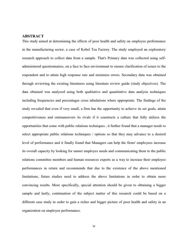 Page 1 – Effects of Poor Health and Safety on Employee Performance in an Organization: A Case Study of Kobel Tea Factory – Kenyaplex