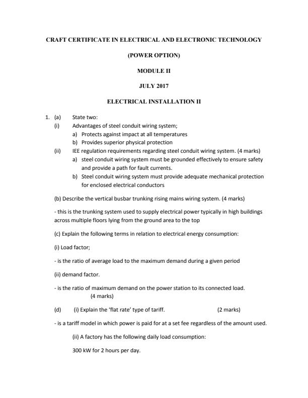 Page 1 – Electrical Installation II Solved Past Paper (July 2017) – Kenyaplex