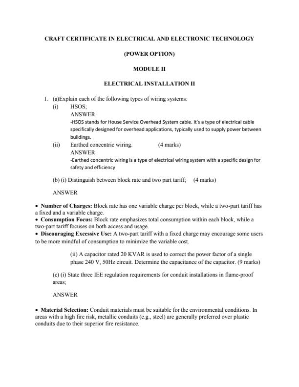 Page 1 – Electrical Installation II Solved Past Paper (July 2019) – Kenyaplex