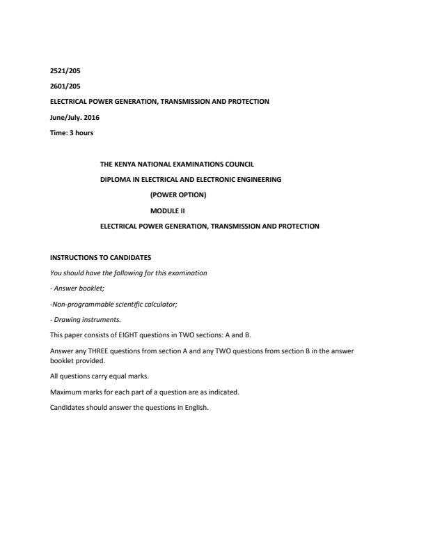 Page 1 – Electrical Power Generation and Transmission (EPGT) Solved Past Paper (July 2016) – Kenyaplex