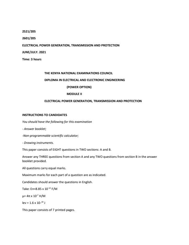 Page 1 – Electrical Power Generation and Transmission (EPGT) Solved Past Paper (July 2021) – Kenyaplex