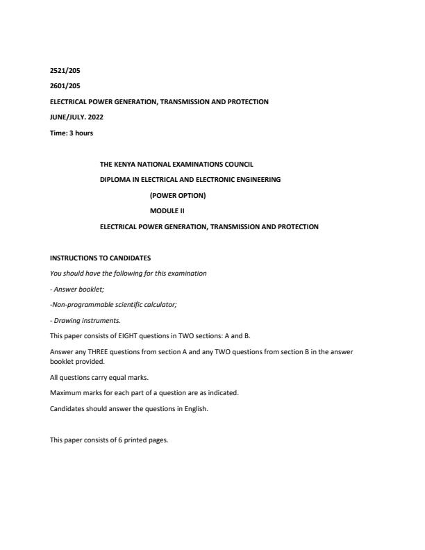 Page 1 – Electrical Power Generation and Transmission (EPGT) Solved Past Paper (July 2022) – Kenyaplex