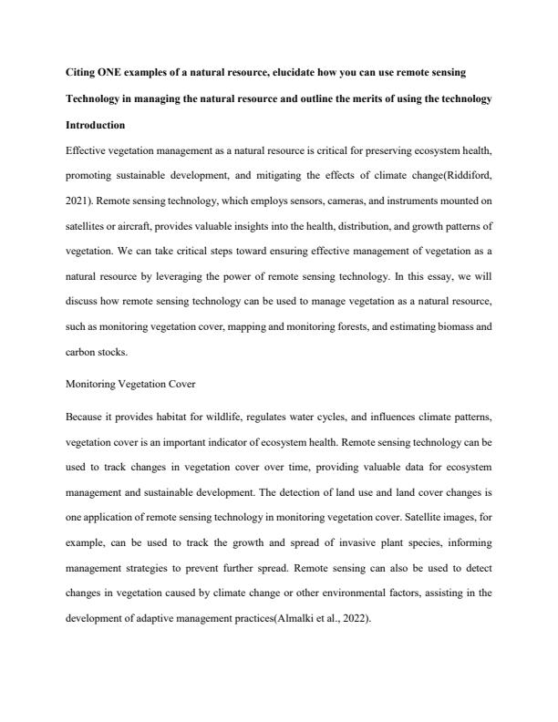 Page 1 – Elucidate how you can use remote sensing Technology in managing vegetation and outline the merits of using the technology  – Kenyaplex