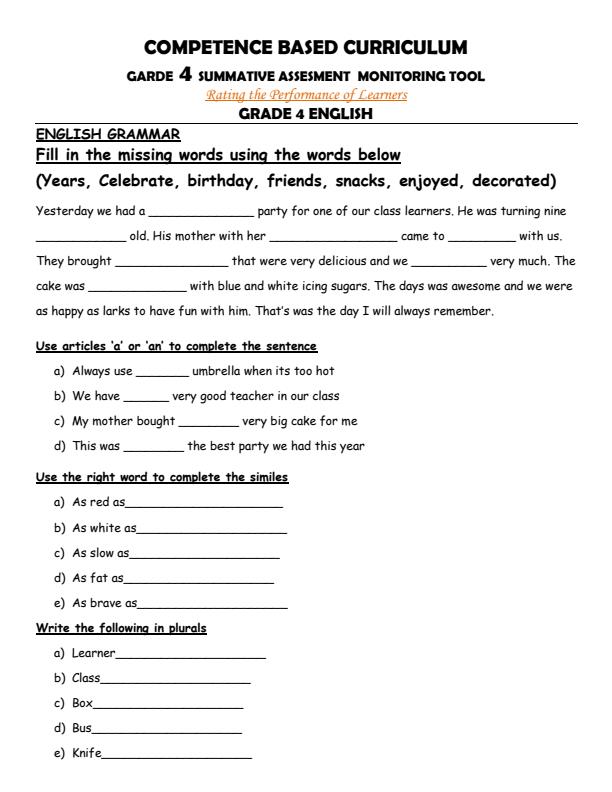 Page 1 – English Grammar CBC Grade 4 Summative Assesment Test – Kenyaplex